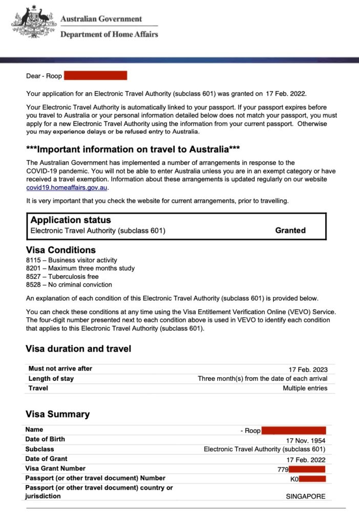 Approval For Australia Subclass 601 Electronic Travel Authority 17th 